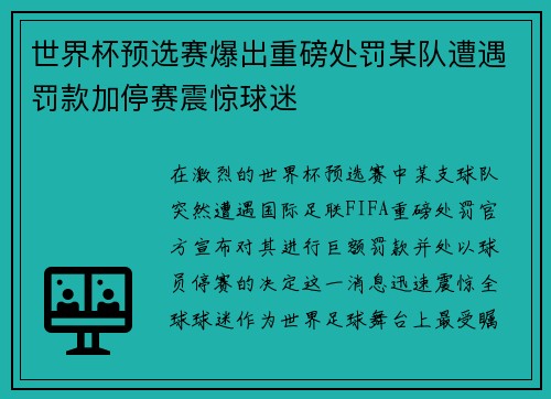 世界杯预选赛爆出重磅处罚某队遭遇罚款加停赛震惊球迷