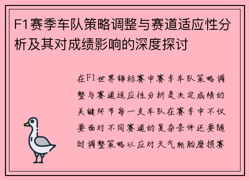 F1赛季车队策略调整与赛道适应性分析及其对成绩影响的深度探讨